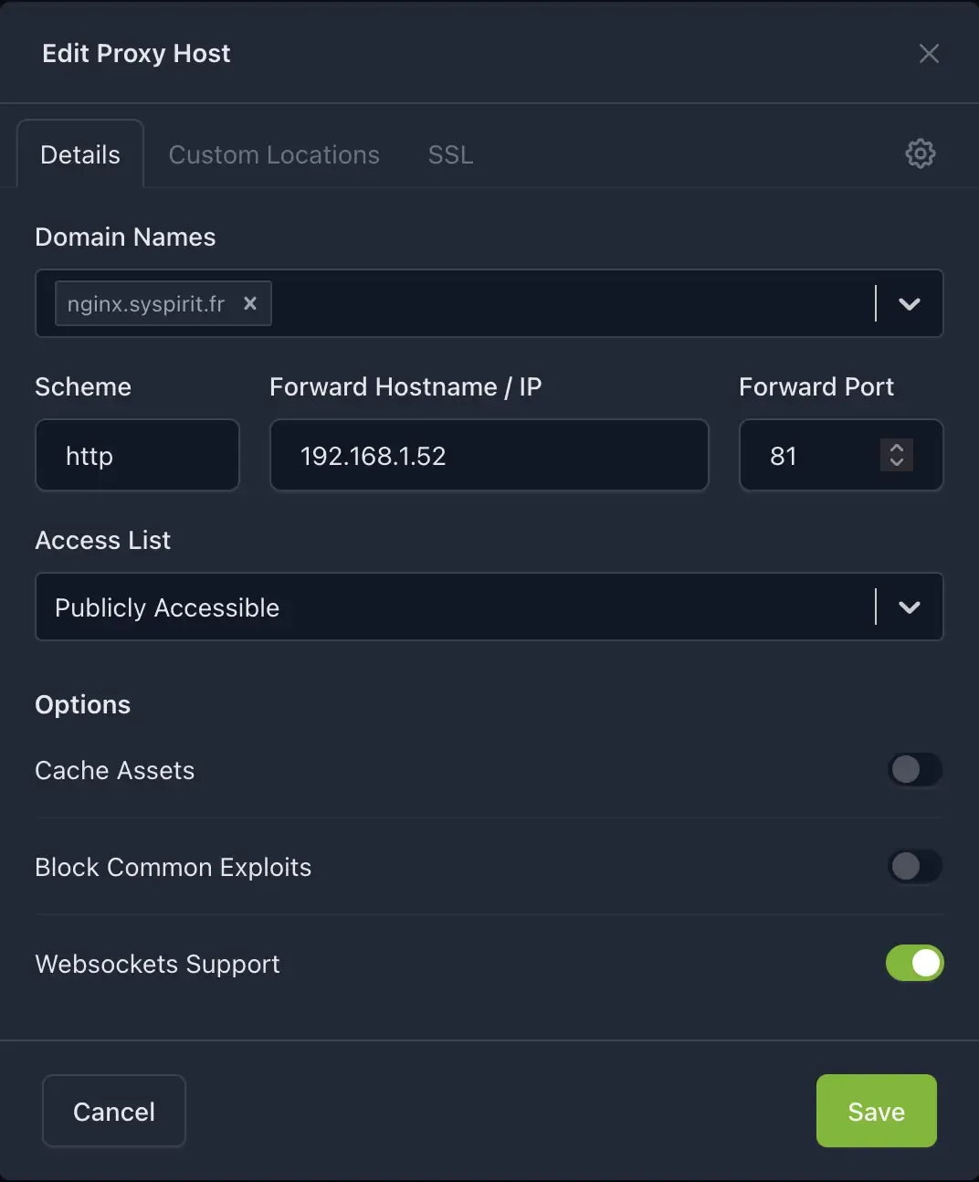 Configuration d'un proxy host - Onglet Details