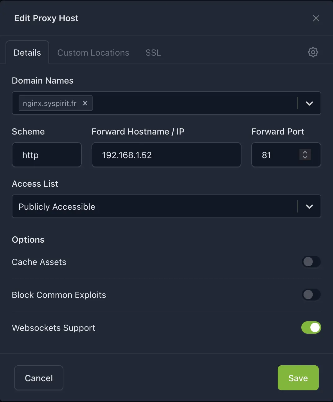 Configuration d'un proxy host - Onglet Details