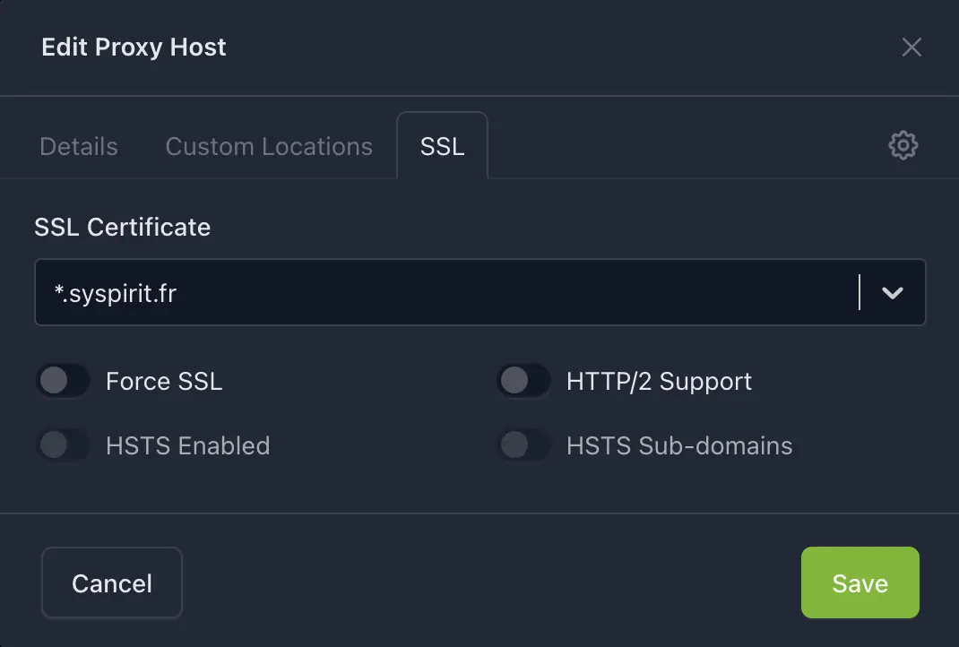 Configuration d'un proxy host - Onglet SSL