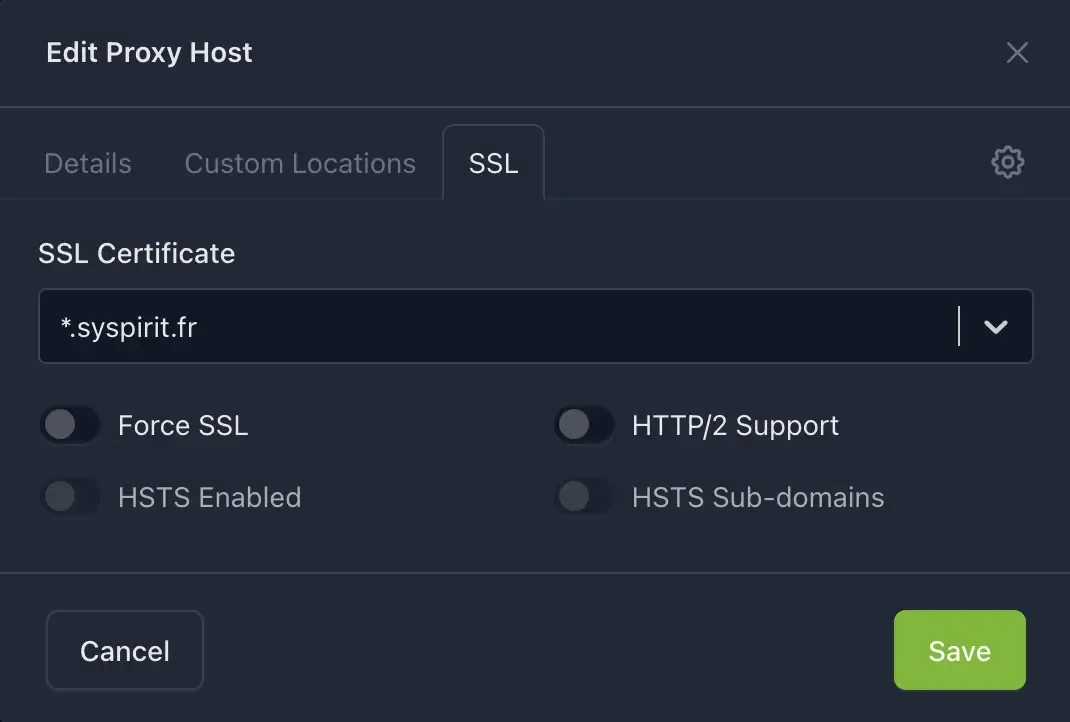 Configuration d'un proxy host - Onglet SSL