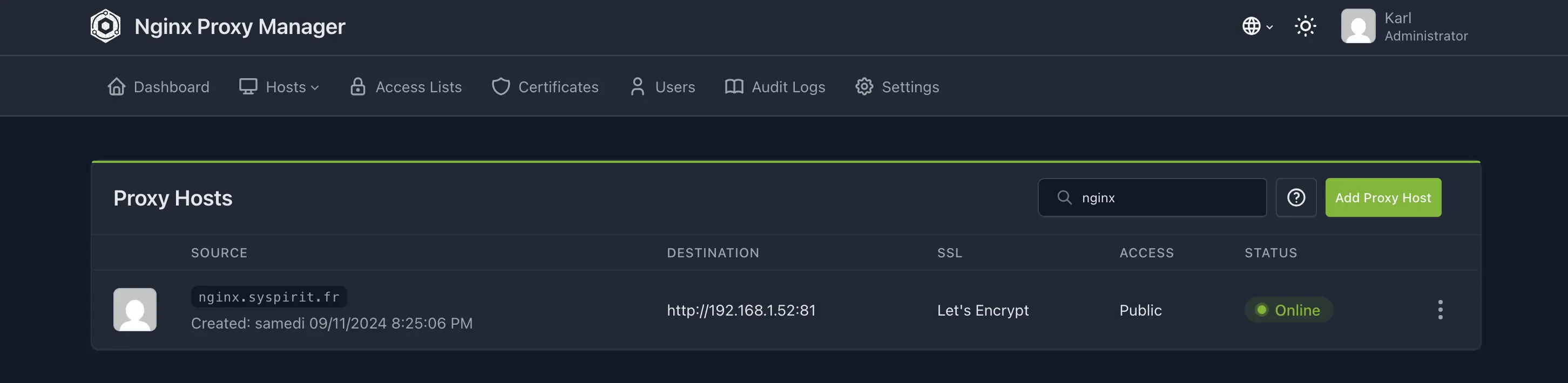 Liste des proxy hosts dans Nginx Proxy Manager