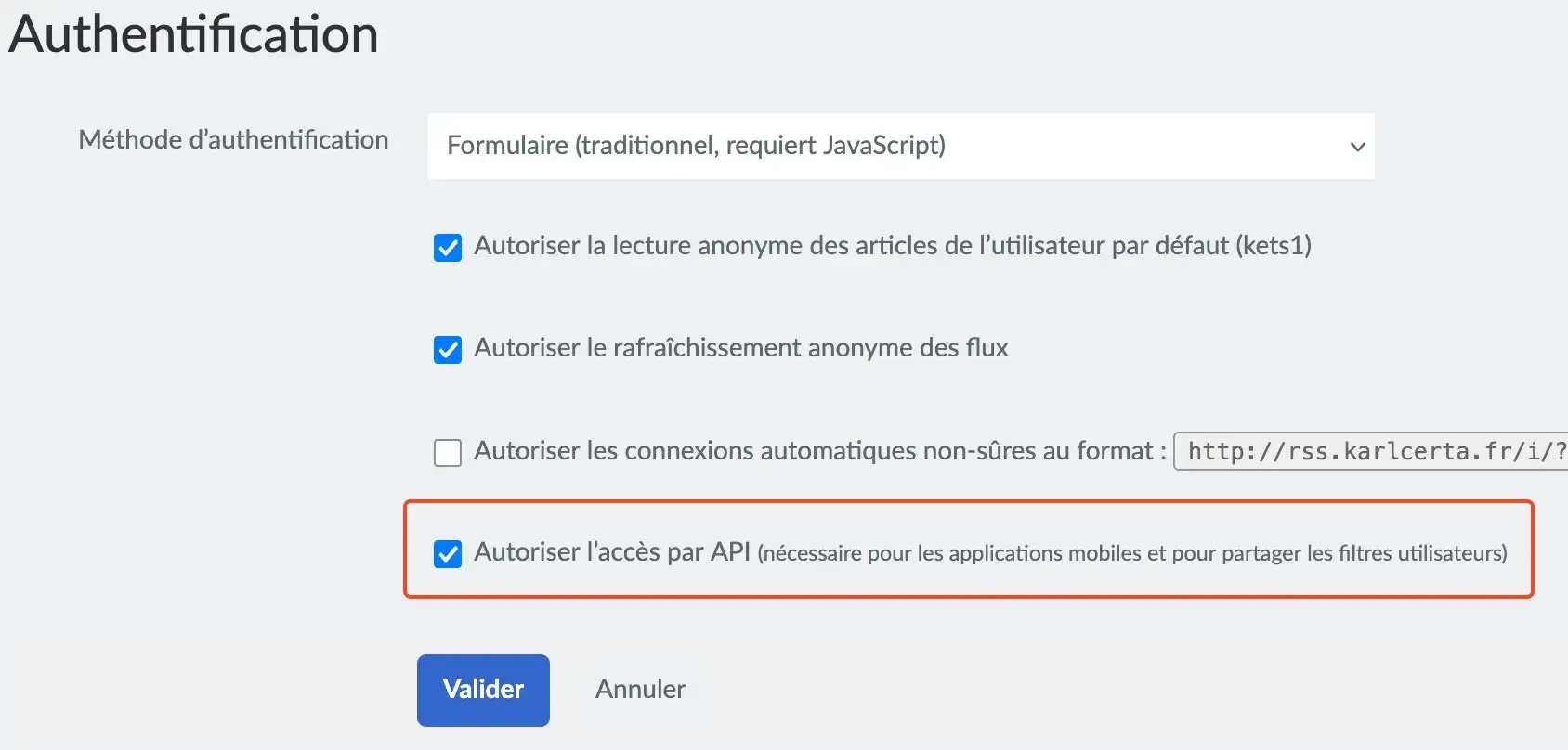 Activer API FreshRSS