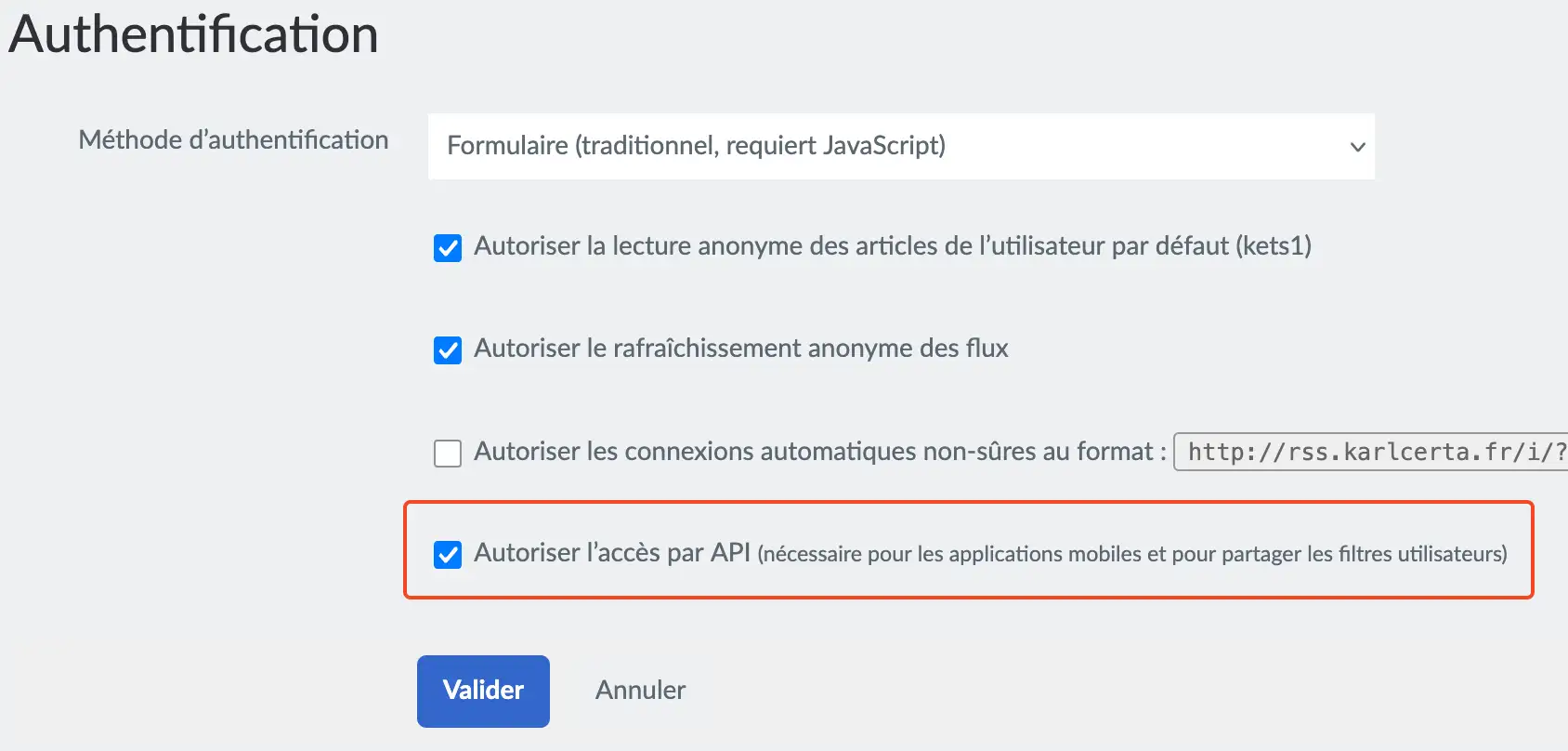 Activer API FreshRSS