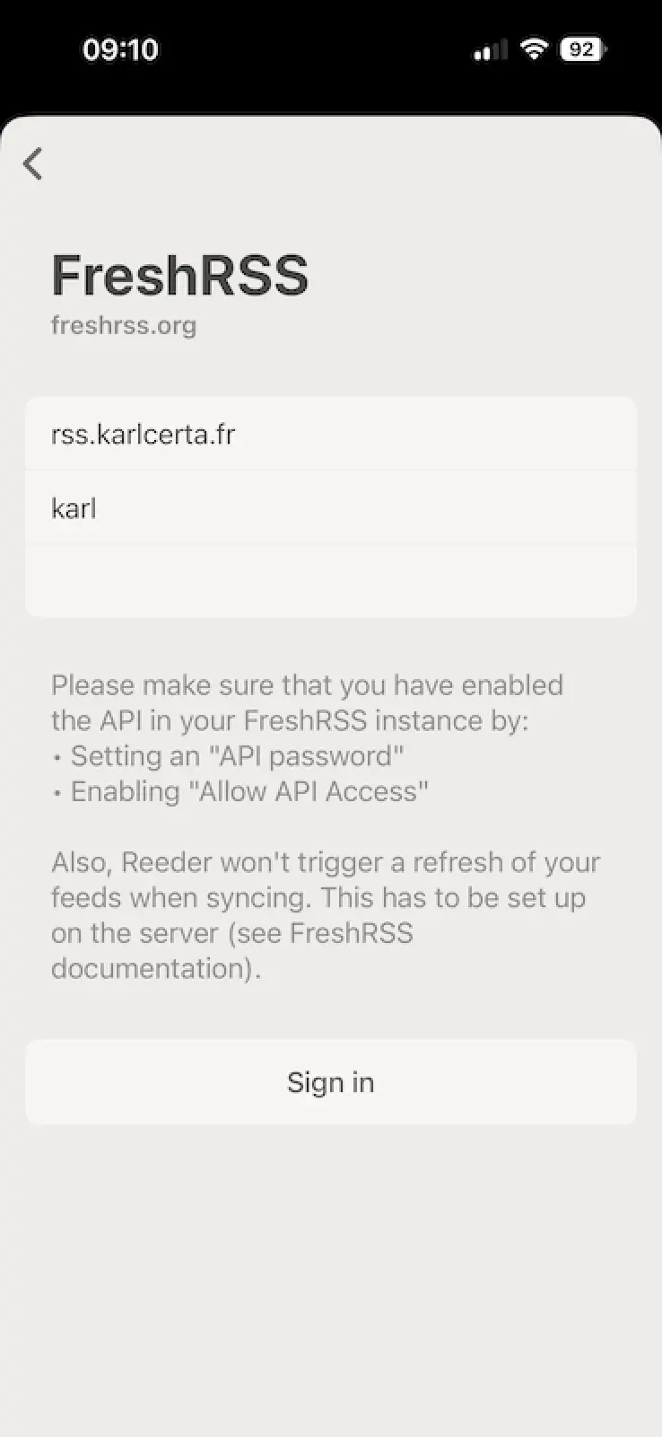 Ajout FreshRSS dans Reeder